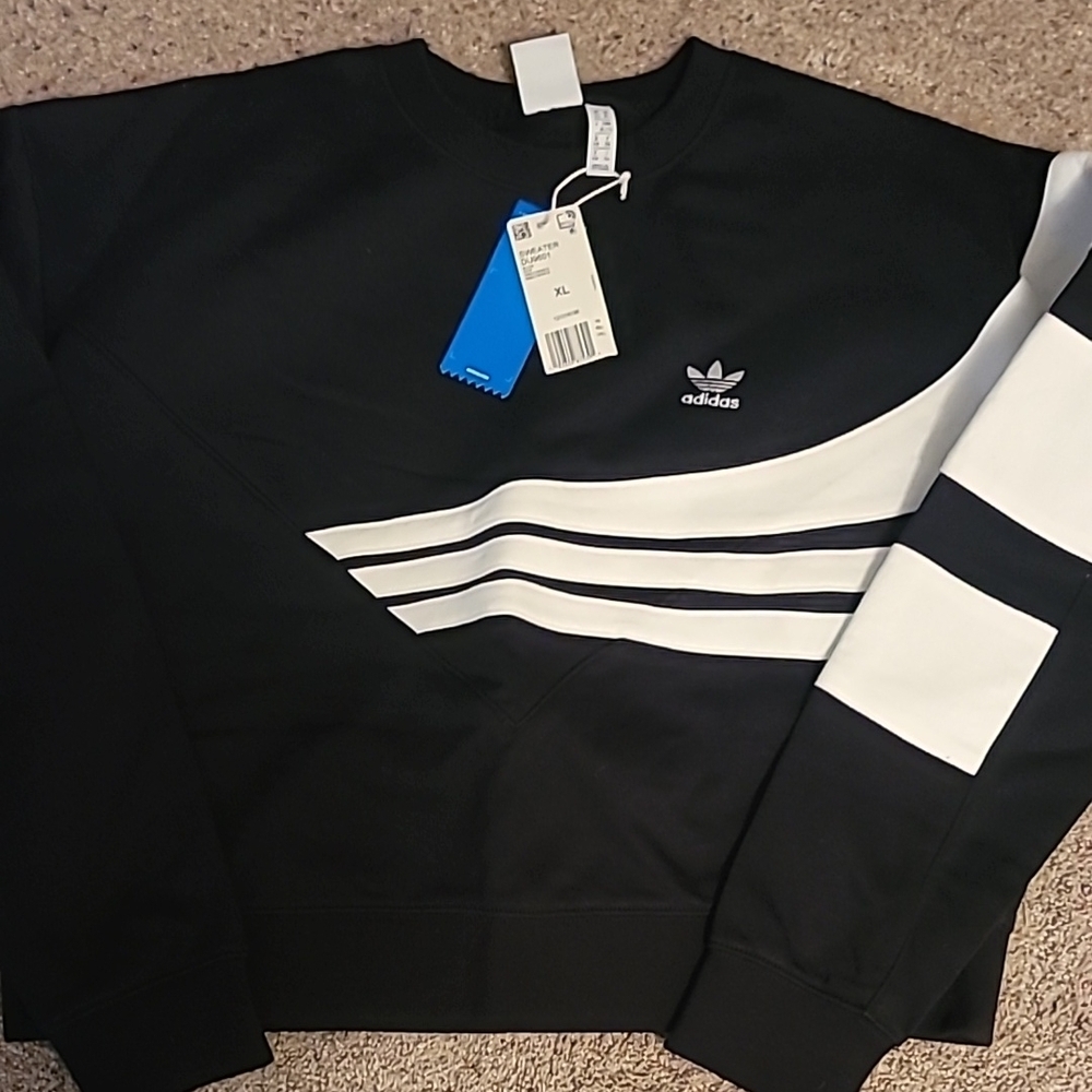 adidas Black Crew Neck Sweater with Stripes and Logo